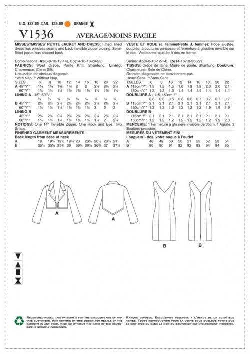 Vogue Sewing Pattern 1536, Dresses, Jackets for Women, A5 (6-8-10-12-14) - Intermediate