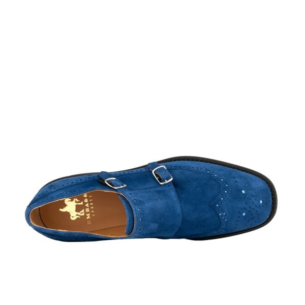 Embassy London Windsor - Blue - Women's blue suede leather monk shoe with brogue detailing