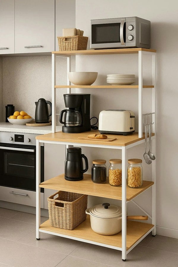 white industrial kitchen storage rack with 6 shelves and 6 hooks

