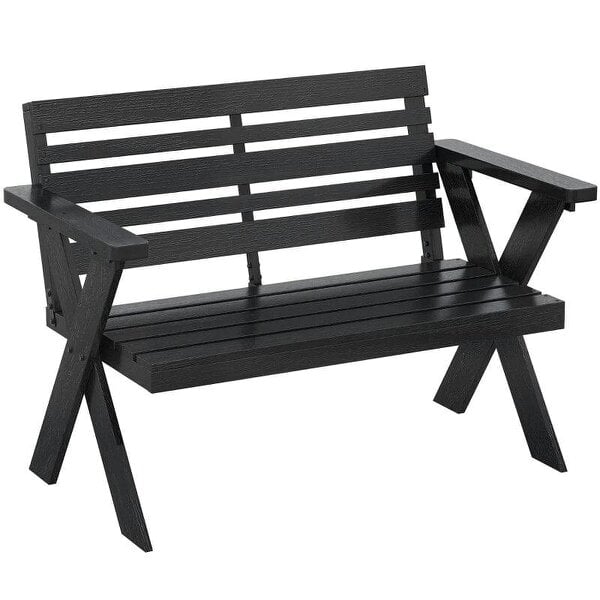 2 Seater Wooden Garden Bench, Slatted Patio Bench with Armrest and Backrest, Black