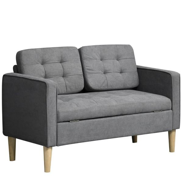 Grey two-seater sofa with tufted back cushions and square arms, wood legs