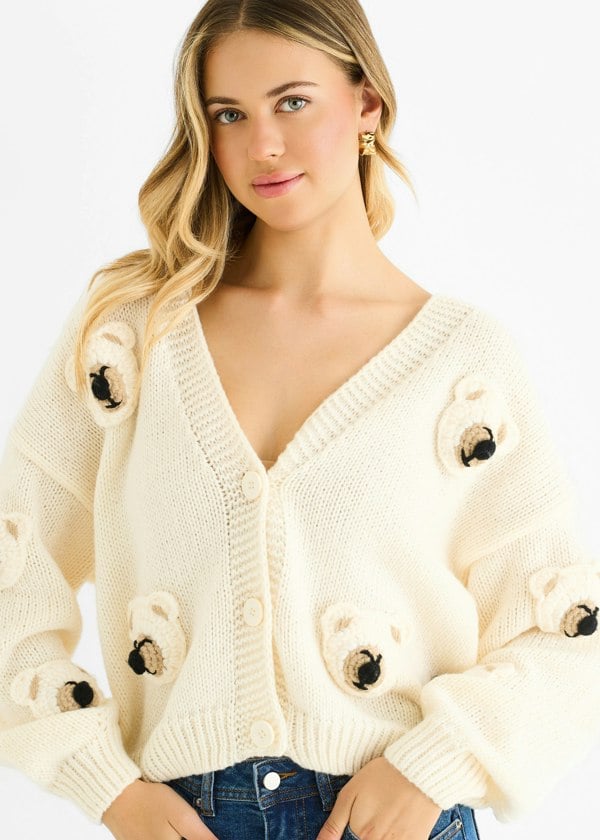 Gini London Cream 3D Contrast Teddy Crochet Cardigan