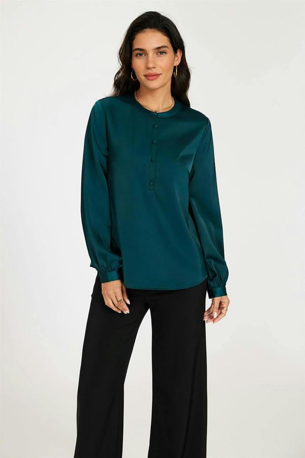 FS Collection Long Sleeve Satin Blouse Top In Teal