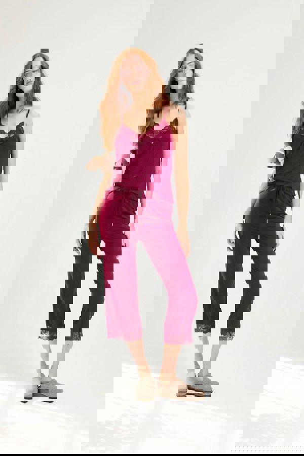 Pretty You London Women's Bamboo Lace Cami Cropped Trouser Pyjama Set in Bordeaux