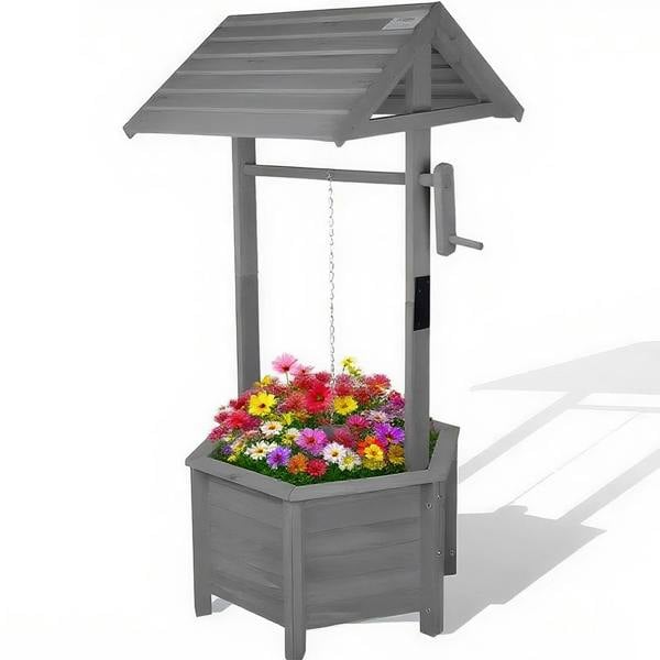 Gr8 Garden Rustic Grey Wooden Wishing Well Planter Bucket Flower Pot Garden Patio Ornament