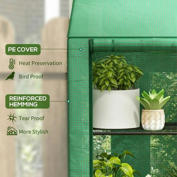 Green mesh greenhouse panel with built-in shelf holding potted plants