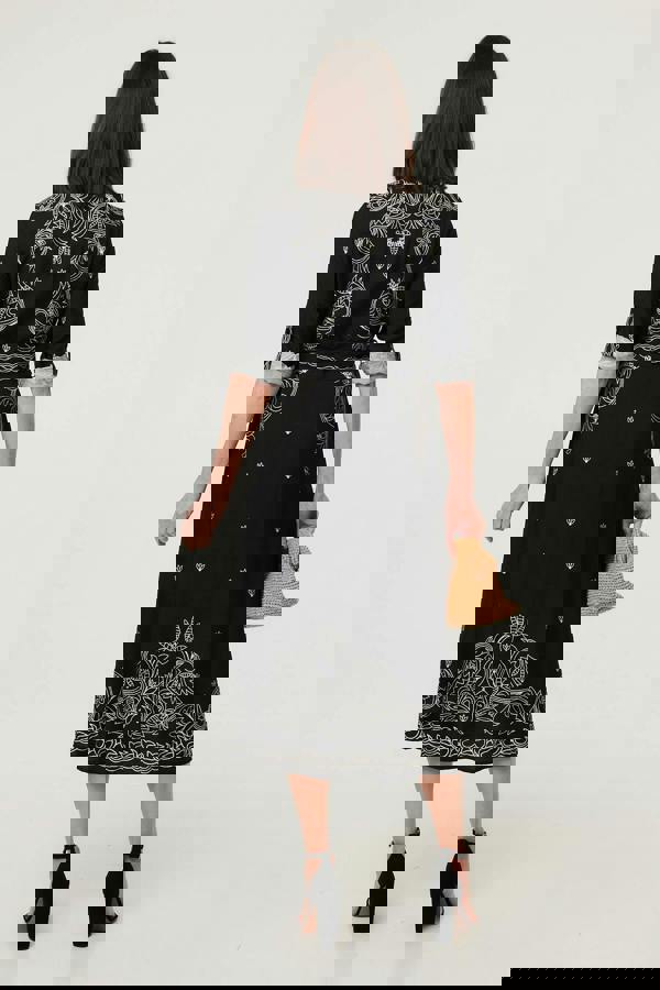 Black | Border Print Tie Waist Midi Shirt Dress