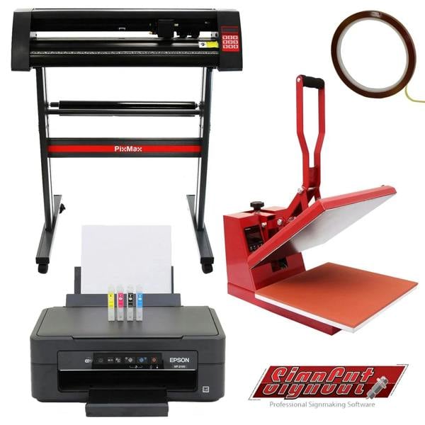 38cm clam press in red, 720mm vinyl cutter with stand, Epson printer, and signmaking software, ideal for professional signage projects