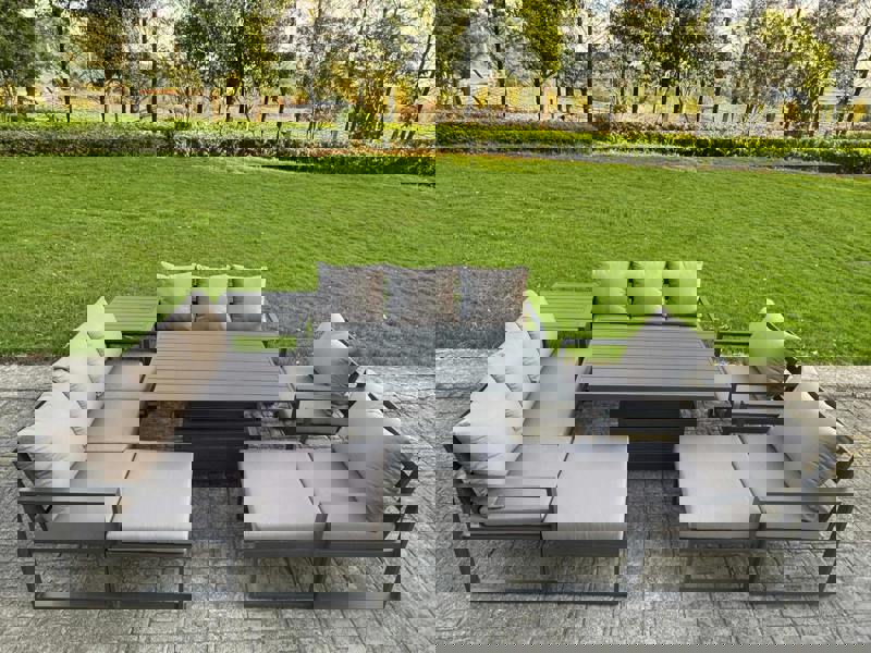 Fimous 10 Seater Aluminium Garden Furniture Set with Adjustable Rising Dining Table, 2 Sofas, 2 Chairs, 2 Footstools, Side Table - Grey