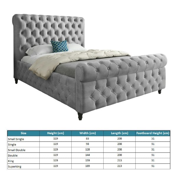 Casa Magna Savana Sleigh Upholstered Soft Velvet Bed Frame - Grey