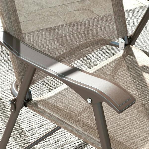 Folding chair armrest and frame detail with protective anti-slip foot pad, mixed brown