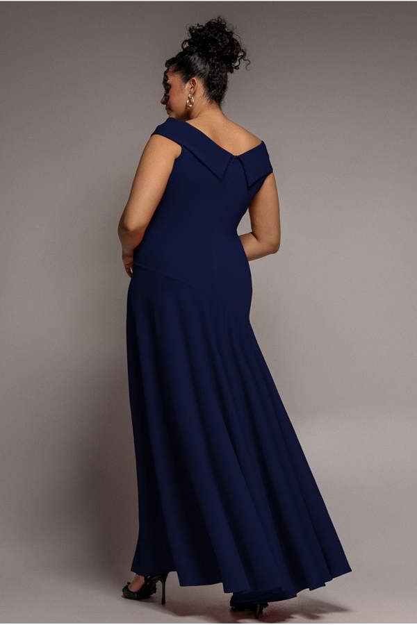 Goddiva Plus Scuba Crepe Off Shoulder Front Split Maxi Dress - Navy Blue by Goddiva Plus
