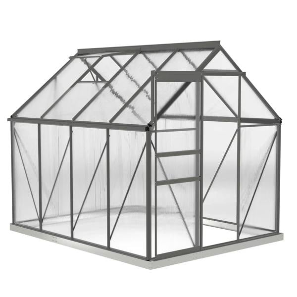 Dark grey framed walk-in polycarbonate greenhouse with clear panels and door