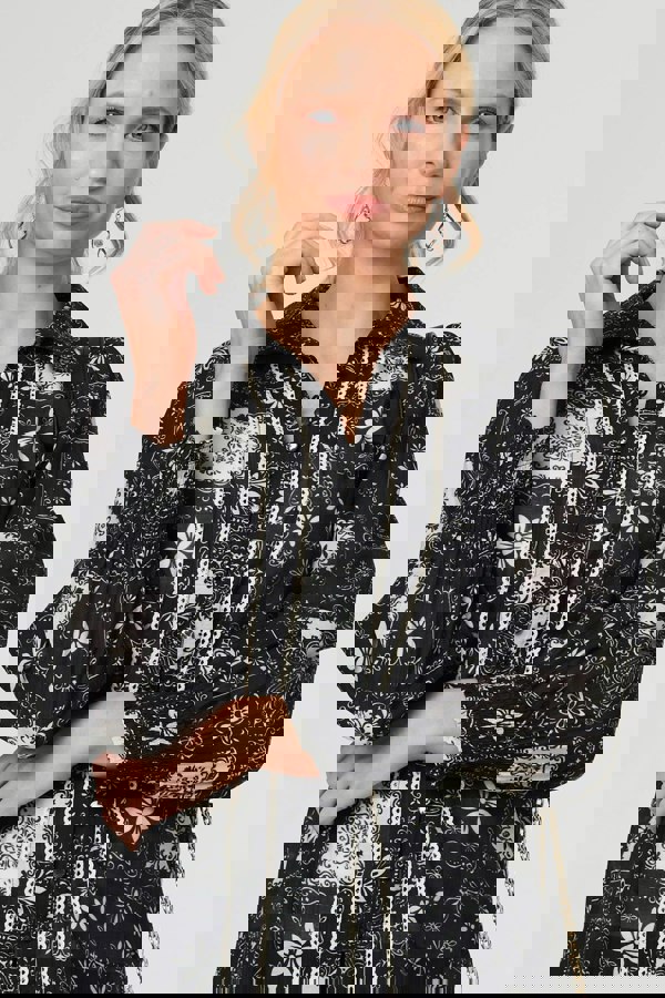 Black | Mosaic Print Button-Up Semi Sheer Shirt
