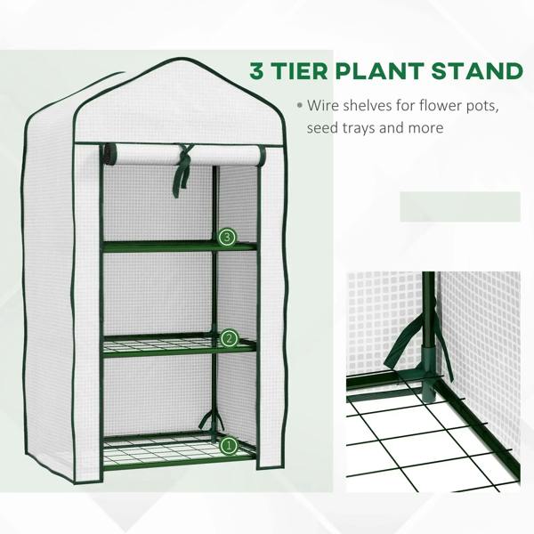 White three-tier mini greenhouse with three wire shelves and roll-up door, front view