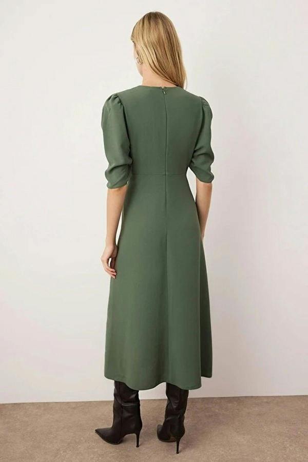 WOVCOR A-Line Midi Woven Dress with Gathered Sleeves