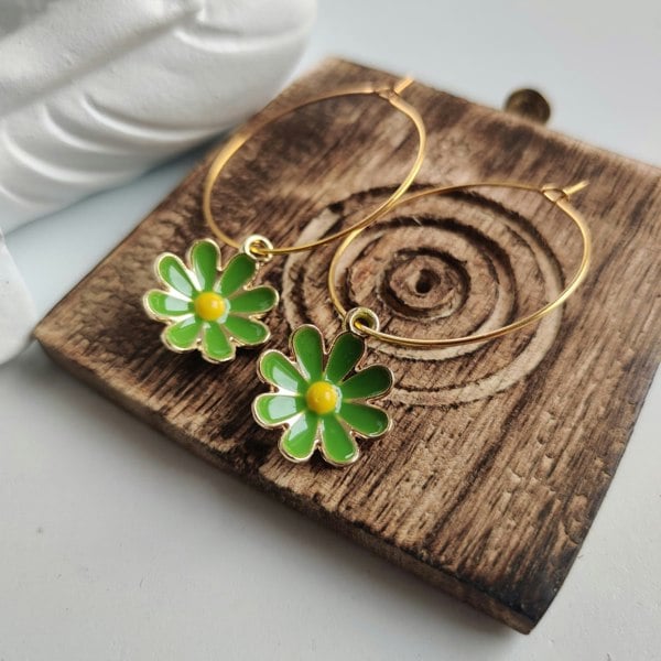 The Colourful Aura Green Sunflower 30mm Multicolour Boho Floral Charm Dainty Huggie Hoop Earrings