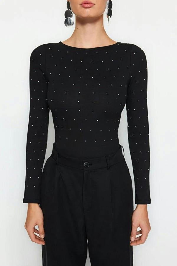 WOVCOR Cotton Knit Bodysuit with Shiny Stone Detail