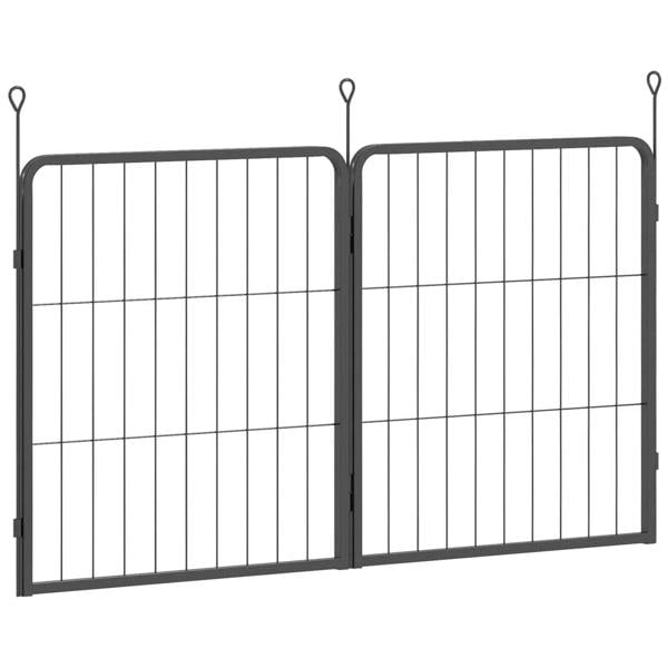 Black two-panel dog pen expansion pack with vertical bars and connecting stakes