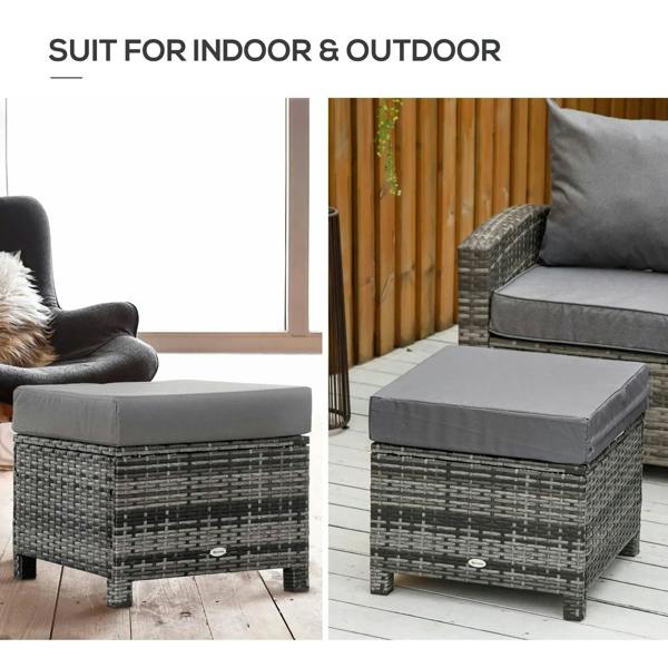 Outdoor patio wicker ottoman footstool with grey padded seat cushion