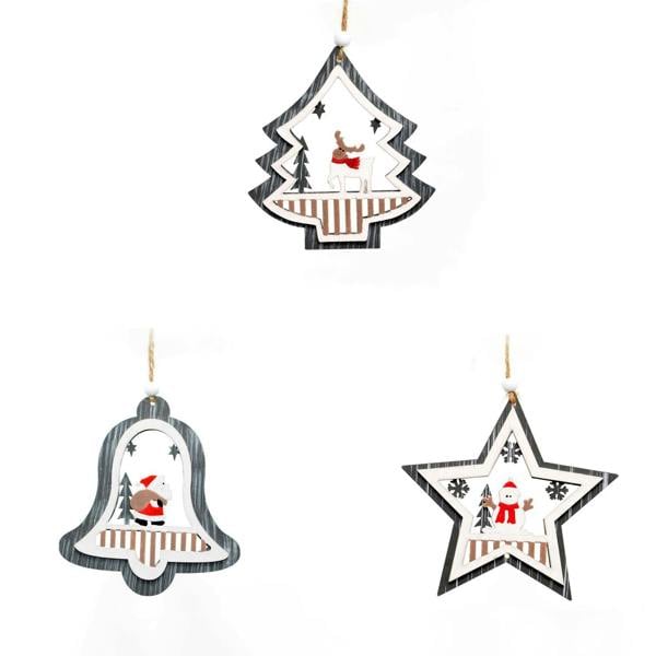 Grey Wooden Christmas Hanging Decorations Set of 3 Assorted Tree, Star and Bell Shapes image 5