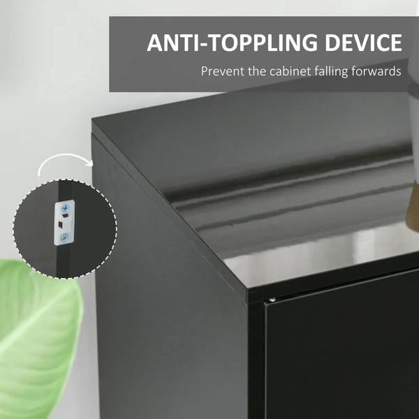 Black cabinet top corner with anti-tipping wall bracket detail for secure placement