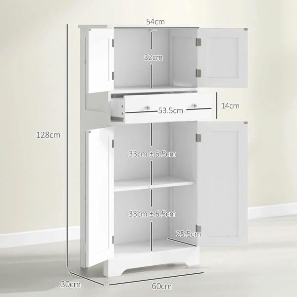 White freestanding cabinet shown with interior shelves and front size measurements