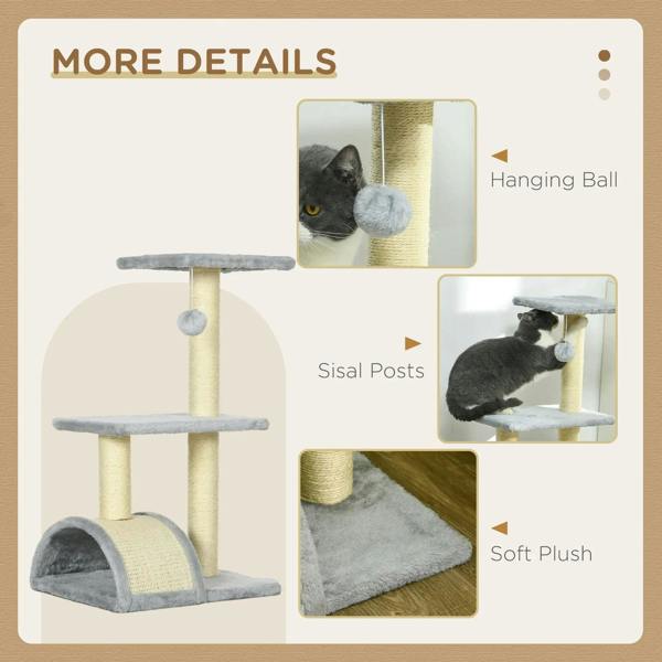 Light grey cat tree details: hanging ball, sisal posts, and soft plush pads