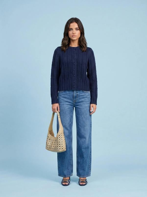 Urban Bliss Wool Blend Cabled Cardigan Navy
