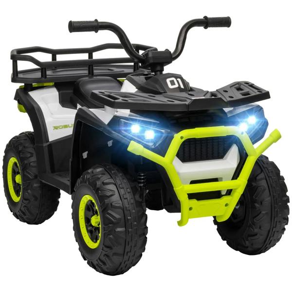 Kids electric ride-on ATV quad bike, green-and-white body, bright LED headlights, black wheels