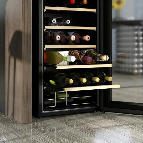 Freestanding black wine cooler fridge with open shelves and LED-lit interior