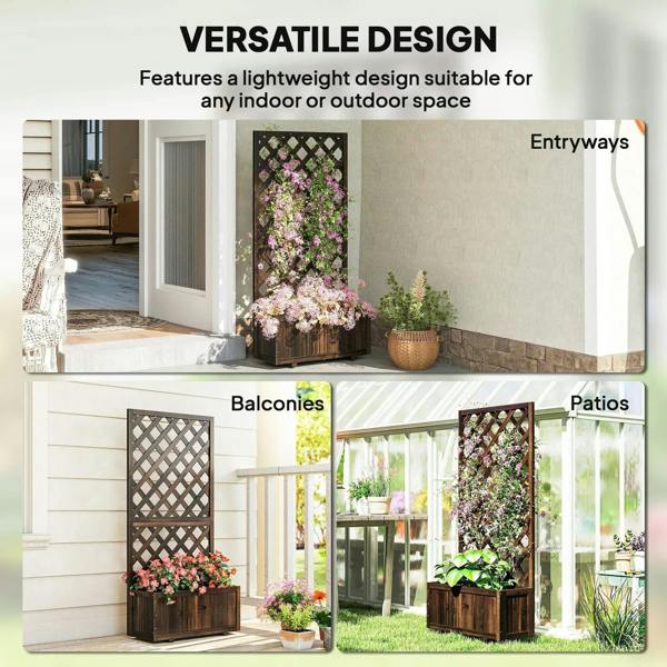 Carbonized wood garden planter with trellis frame, shown for indoor and outdoor use