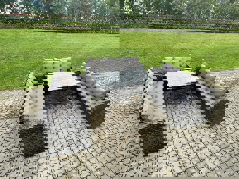 Fimous Patio Rattan Garden Furniture Set with Oblong Rectangular Dining Table 9 Seater Outdoor Lounge Sofa Set Dark Grey Mixed