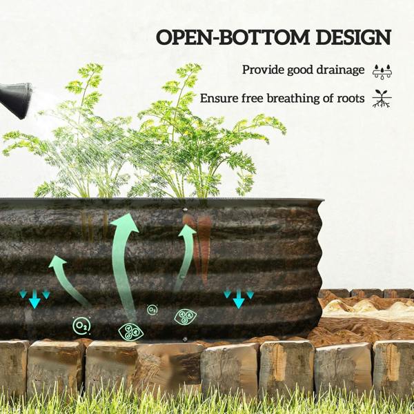 Black open-bottom style galvanized raised garden bed metal planter box on stone blocks