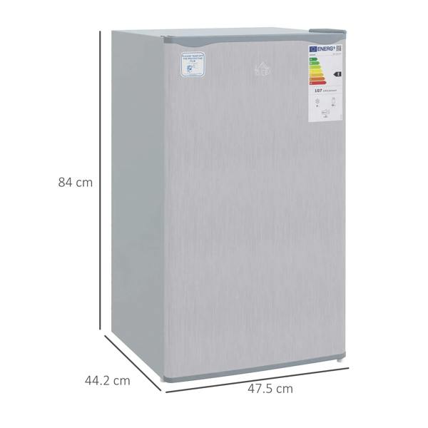 Grey under-counter fridge freezer with dimensions shown, front-left angled view