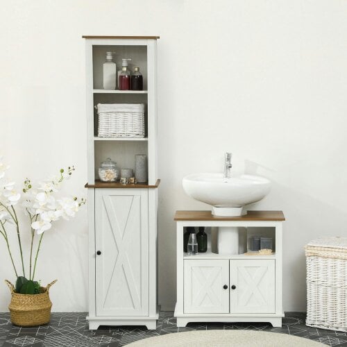 Wyld Haus Dokala 2 Piece Bathroom Furniture Set With Tall Cabinet And Under Sink Storage Ash Wood Effect