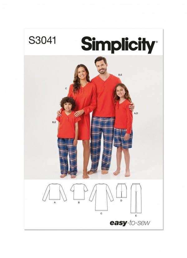 Simplicity Sewing Pattern 3041, Pyjamas for Kids, Teenagers, Men, Women, A (XS - L / XS - XL) - Easy