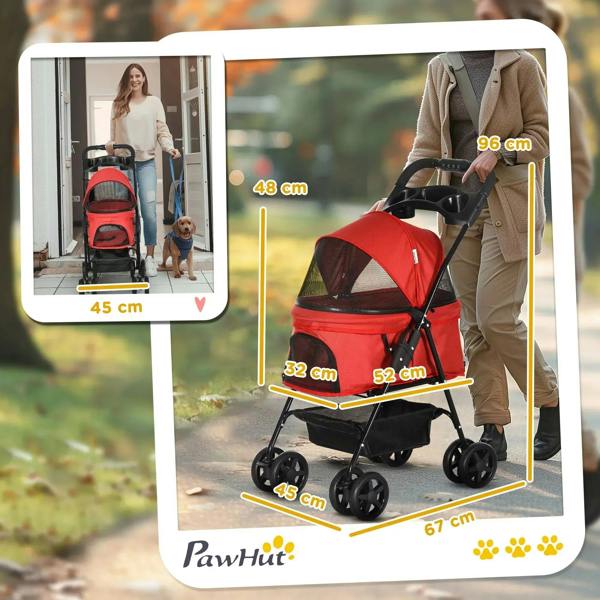 Red pet pushchair with foldable frame and black under-basket on wheels