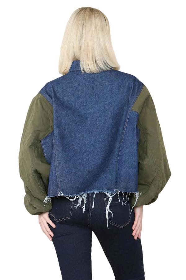 Elaina Fashion Women's Khaki & Denim Jacket Casual Short Jean Coat Color Block Lapel Button Down Ripped Hem Shirt Denim Regular Fit Shacket Streetwear