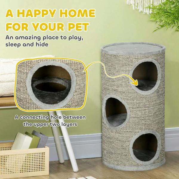 Light grey sisal-wrapped cat climbing frame with three circular entrances and cosy upper platform