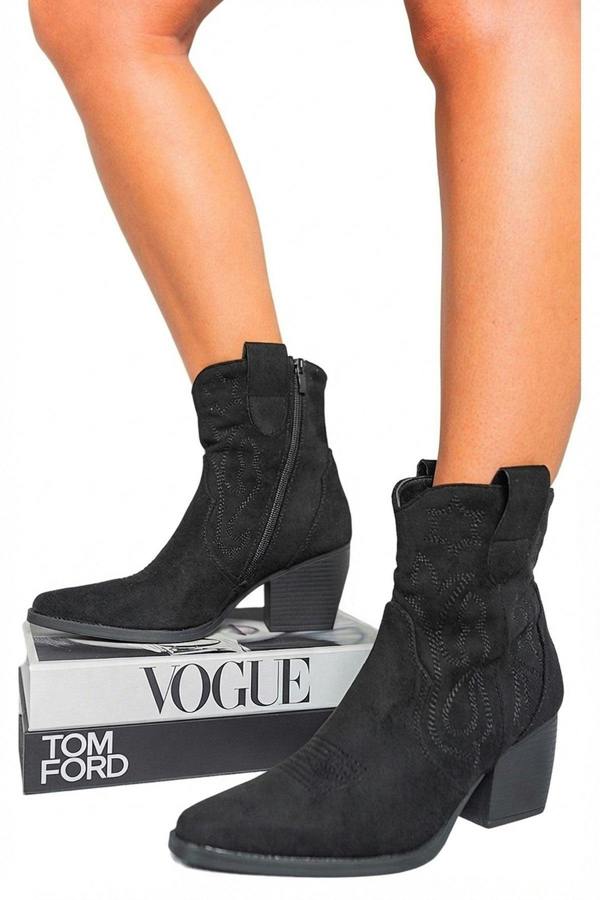 Laura Suede Cowboy Ankle Length Boots - Black_wb