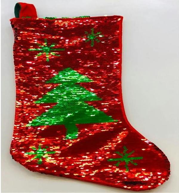 45cm Reversible Sequin Christmas Stocking Sack, Multicolour Tree Shape Festive Gift Bag image 1