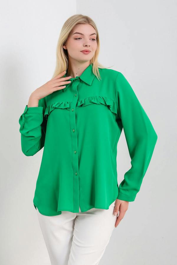 Hoxton Gal Oversized Frill Detailed Long Sleeves Blouse Shirt in Green