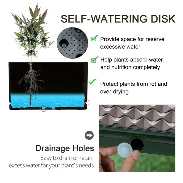 Self-watering raised planter box design with drainage holes and water disk