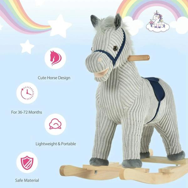 Grey plush rocking horse with navy saddle, wooden rockers, cute face and mane