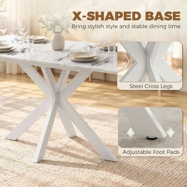 Extendable Dining Table Steel Cross Legs Steel Rails Space Saving White