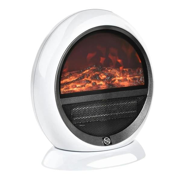 White tabletop electric fireplace heater with realistic flame window and mesh grille