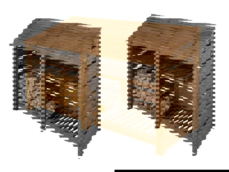 Arbor Garden Solutions Slatted Wooden Log Store with Shelf W-227cm, H-126cm or 180cm, D-88cm - Brown Finish