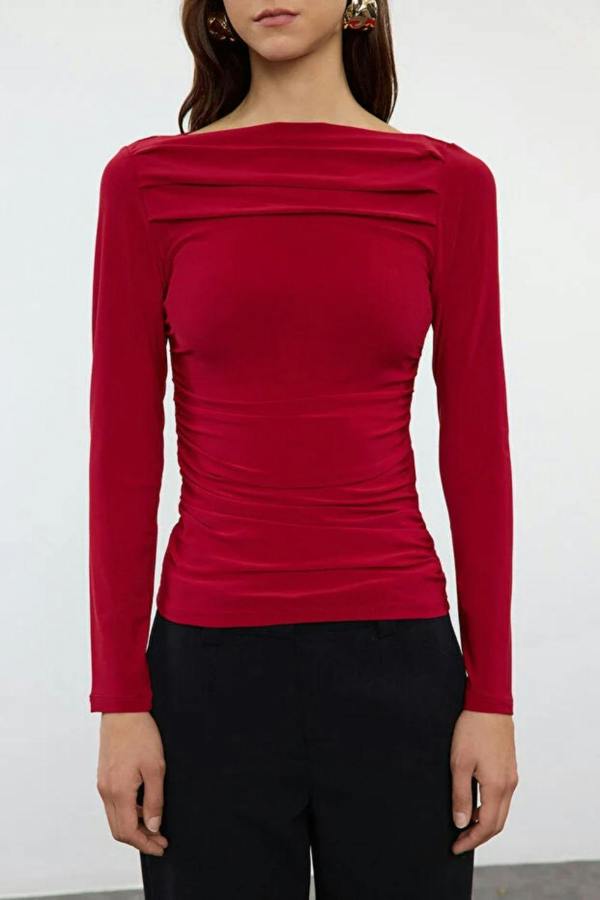 Hoxton Gal Boat Neck Draped Fitted Stretch Knit Blouse