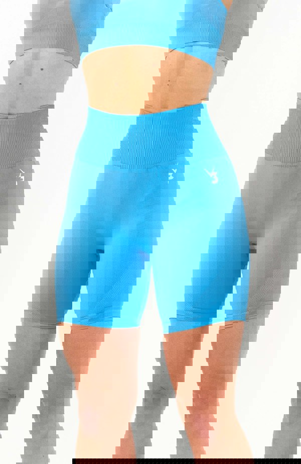 V3 Apparel Women's seamless Limitless high waisted cycle shorts in azure blue – Squat proof 5 inch inseam leg bum enhancing shorts for Gym workouts training, Running, yoga, bodybuilding and bikini fitness.